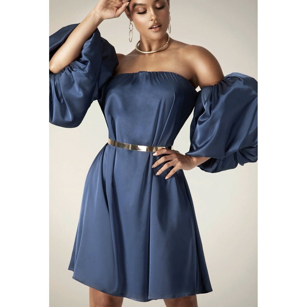 Alieva Puff Sleeve Satin Midi Dress Navy Blue Size Small NWT Party Dress - Picture 4 of 11